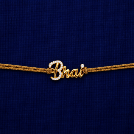 Gold Finish Bhai Name Rakhi with sparkling stones and golden thread