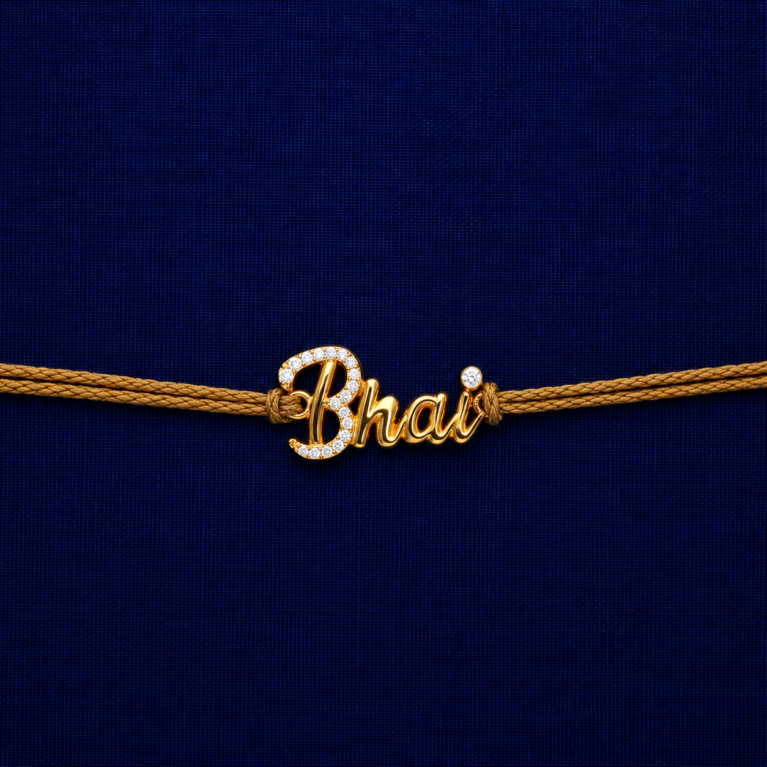 Gold Finish Bhai Name Rakhi with sparkling stones and golden thread
