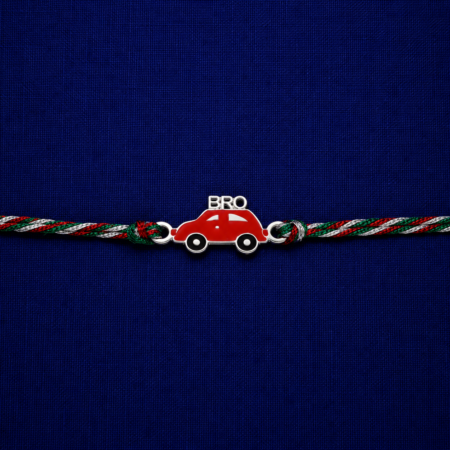 Bro Car Rakhi featuring a red car charm with premium multicolor thread