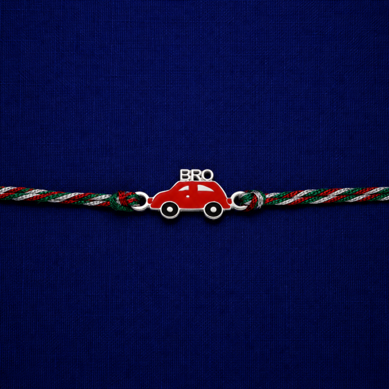 Bro Car Rakhi featuring a red car charm with premium multicolor thread