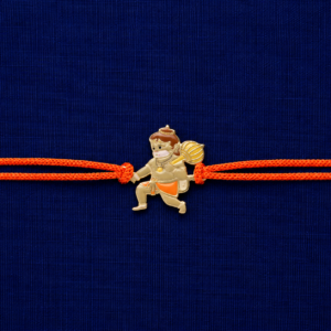 Bal Hanuman gold finish rakhi with premium orange thread for kids