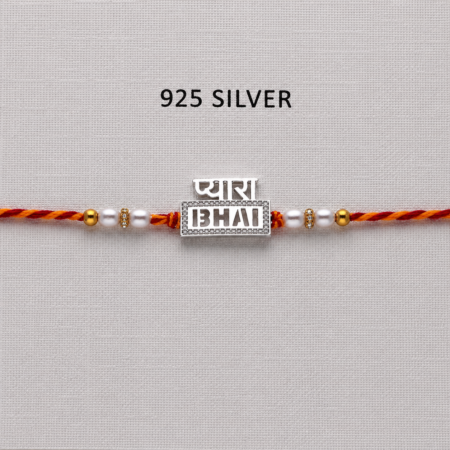 925 Silver Pyara Bhai Rakhi with CZ Stones, Pearl Beads and Red-Orange Thread