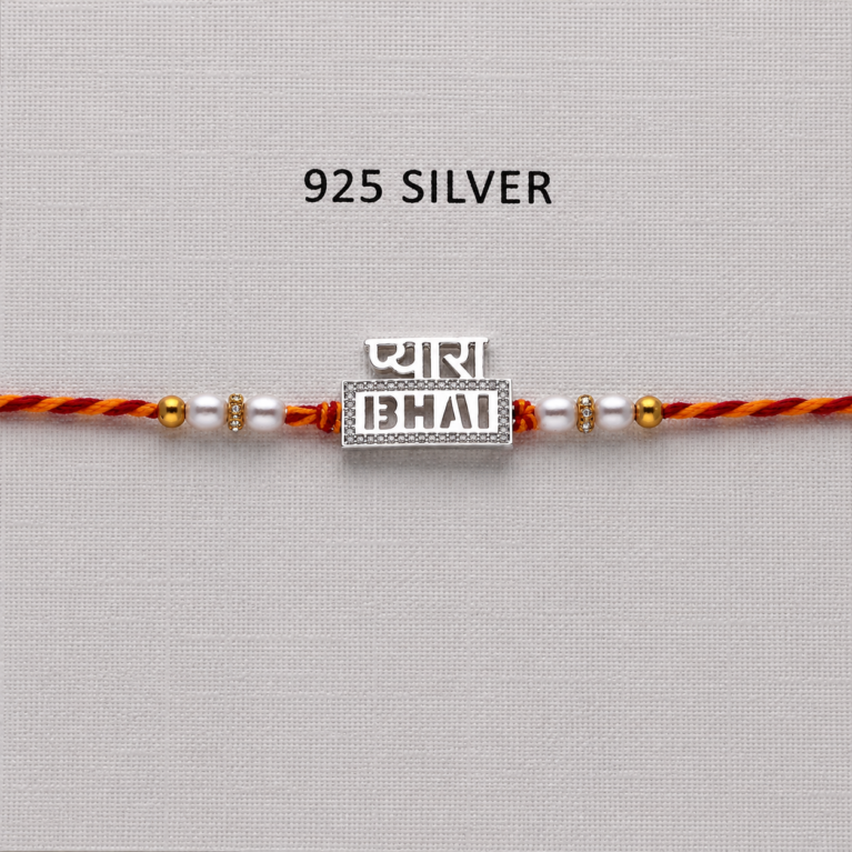 925 Silver Pyara Bhai Rakhi with CZ Stones, Pearl Beads and Red-Orange Thread
