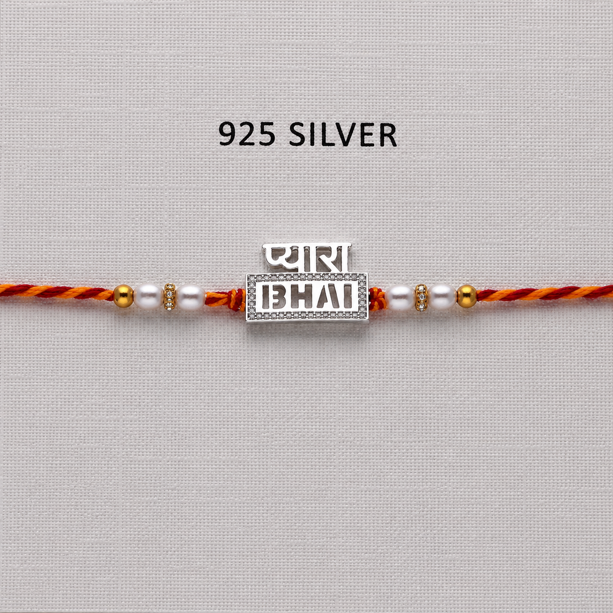 925 Silver Pyara Bhai Rakhi with CZ Stones, Pearl Beads and Red-Orange Thread
