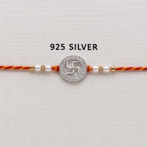 925 Silver Swastik Rakhi with CZ Stones, Pearl Beads and Traditional Red-Orange Thread