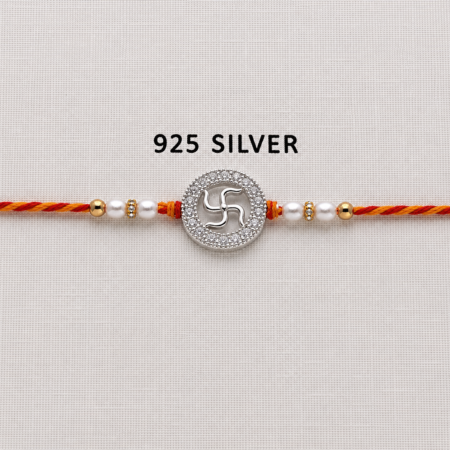 925 Silver Swastik Rakhi with CZ Stones, Pearl Beads and Traditional Red-Orange Thread