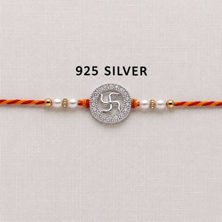 925 Silver Swastik Rakhi with CZ Stones, Pearl Beads and Traditional Red-Orange Thread