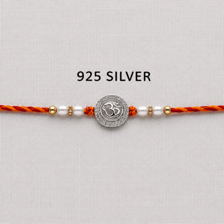 925 Silver Om Rakhi with CZ Stones, Pearl Beads and Traditional Red-Orange Thread