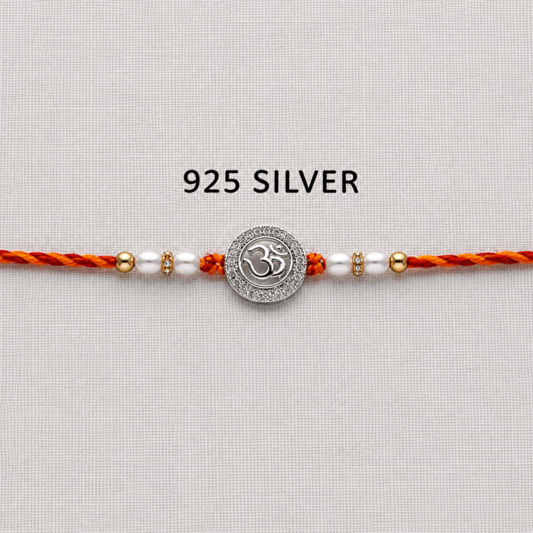 925 Silver Om Rakhi with CZ Stones, Pearl Beads and Traditional Red-Orange Thread