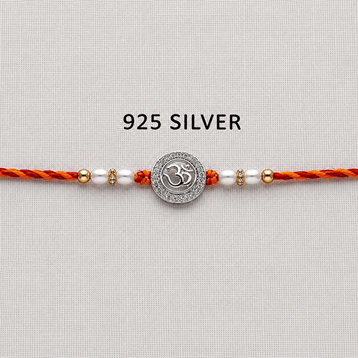 925 Silver Om Rakhi with CZ Stones, Pearl Beads and Traditional Red-Orange Thread