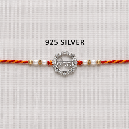 925 Silver Bhai Rakhi with CZ Stone Halo, Pearl Beads and Red-Orange Thread