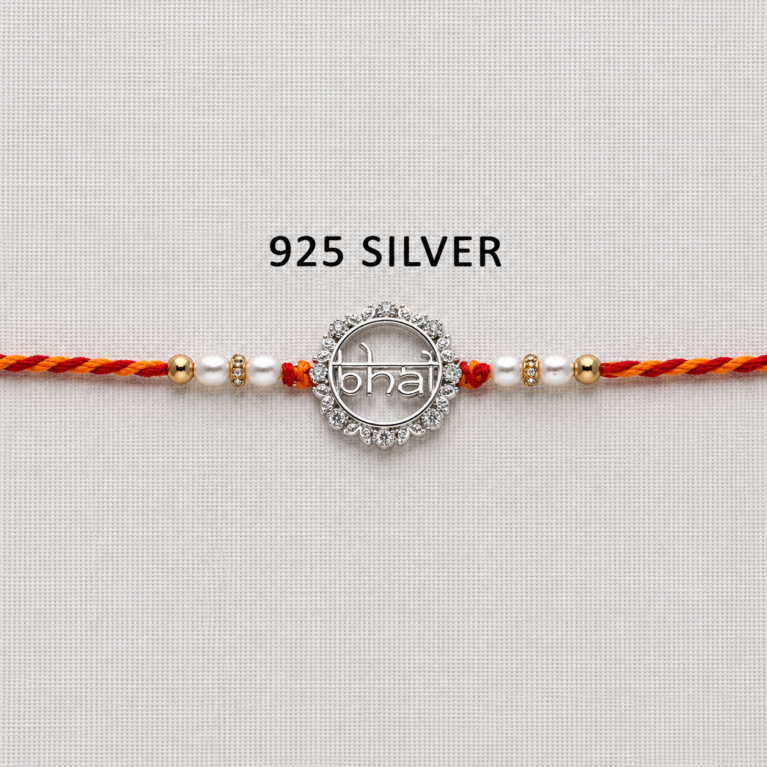 925 Silver Bhai Rakhi with CZ Stone Halo, Pearl Beads and Red-Orange Thread