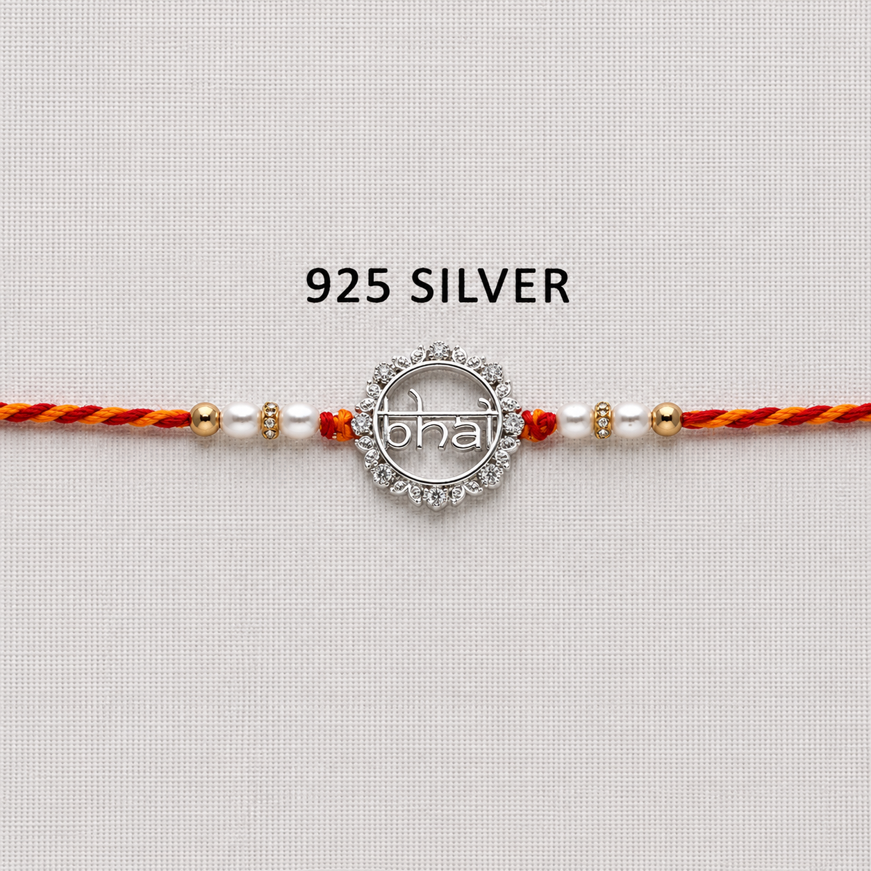 925 Silver Bhai Rakhi with CZ Stone Halo, Pearl Beads and Red-Orange Thread