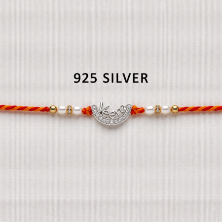 925 Silver Veera Rakhi with CZ Stones, Pearl Beads and Red-Orange Thread