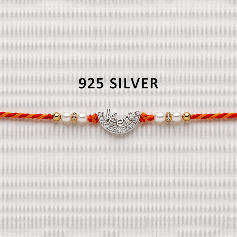 925 Silver Veera Rakhi with CZ Stones, Pearl Beads and Red-Orange Thread